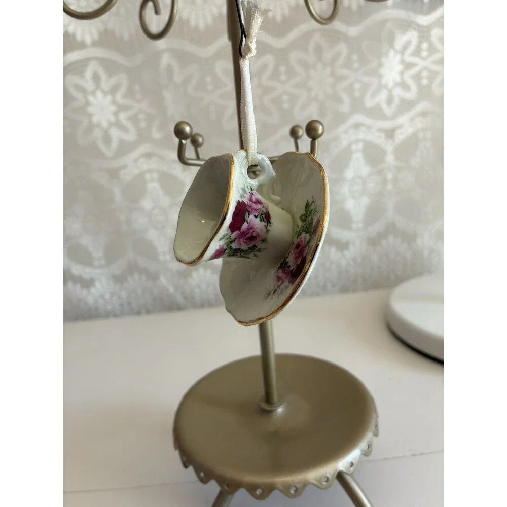 Vintage Floral Painted Tea Cup Saucer Ornament Gold Trim Cottagecore Christmas